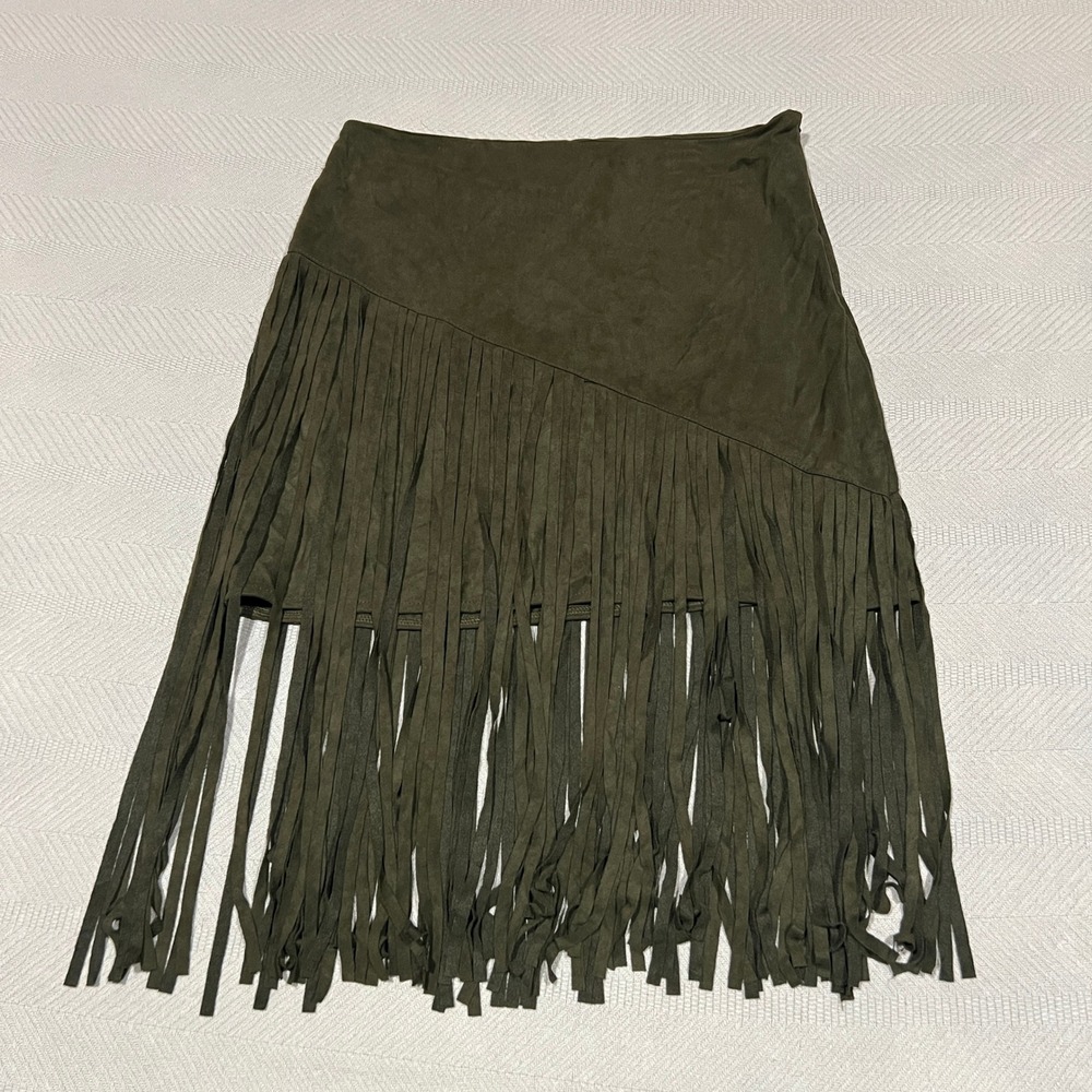 Ya Los Angeles Large Green Y2K Faux‎ Suede Fringe Mini Skirt Boho Festival Hippy